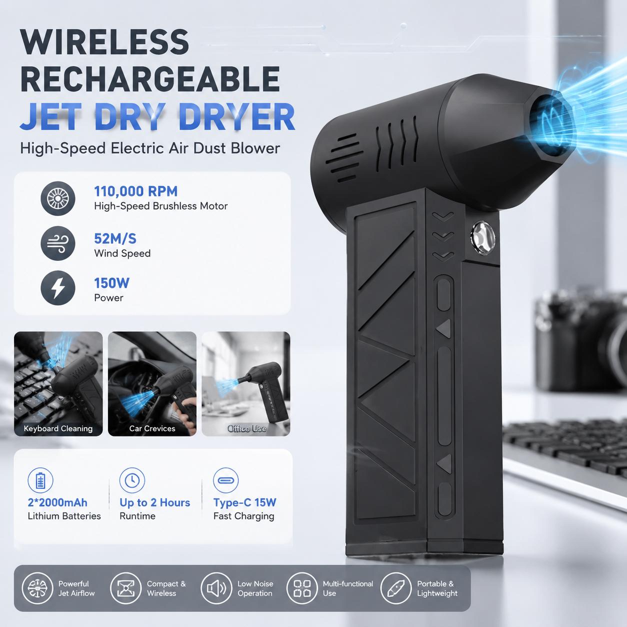 Home Office Tech Gadgets - 110000 RPM電動エアブロワー 3段階速度調整 コードレスエアダスター ポータブルUSB C充電式