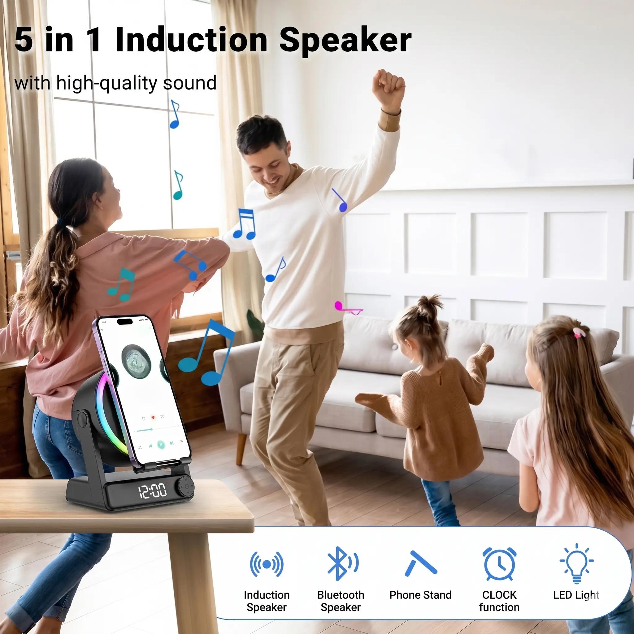 Cool Office Tech Gadgets - 多機能デスクフォンスタンド、誘導スピーカー、LEDデジタル目覚まし時計、RGBアンビエントライト、調整可能な回転式携帯電話ホルダー、オフィスルーム装飾用クールテックガジェット