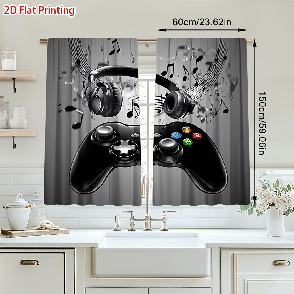 Office Tech Decor - 2 個ゲームコントローラーカーテンヘッドフォン音符プリントドレープキッズルームゲーマー寝室ウィンドウトリートメントテックスタイル家の装飾
