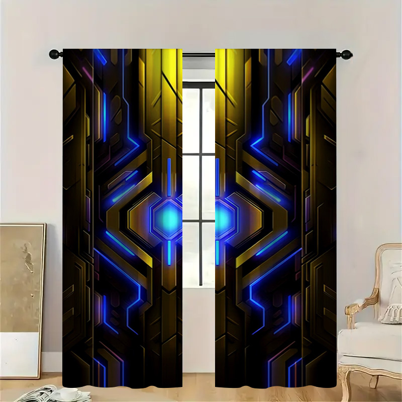 ロッドポケット付き幾何学模様テックカーテン2枚、青と黄色の3 - Office Tech Decor のレビューと価格
